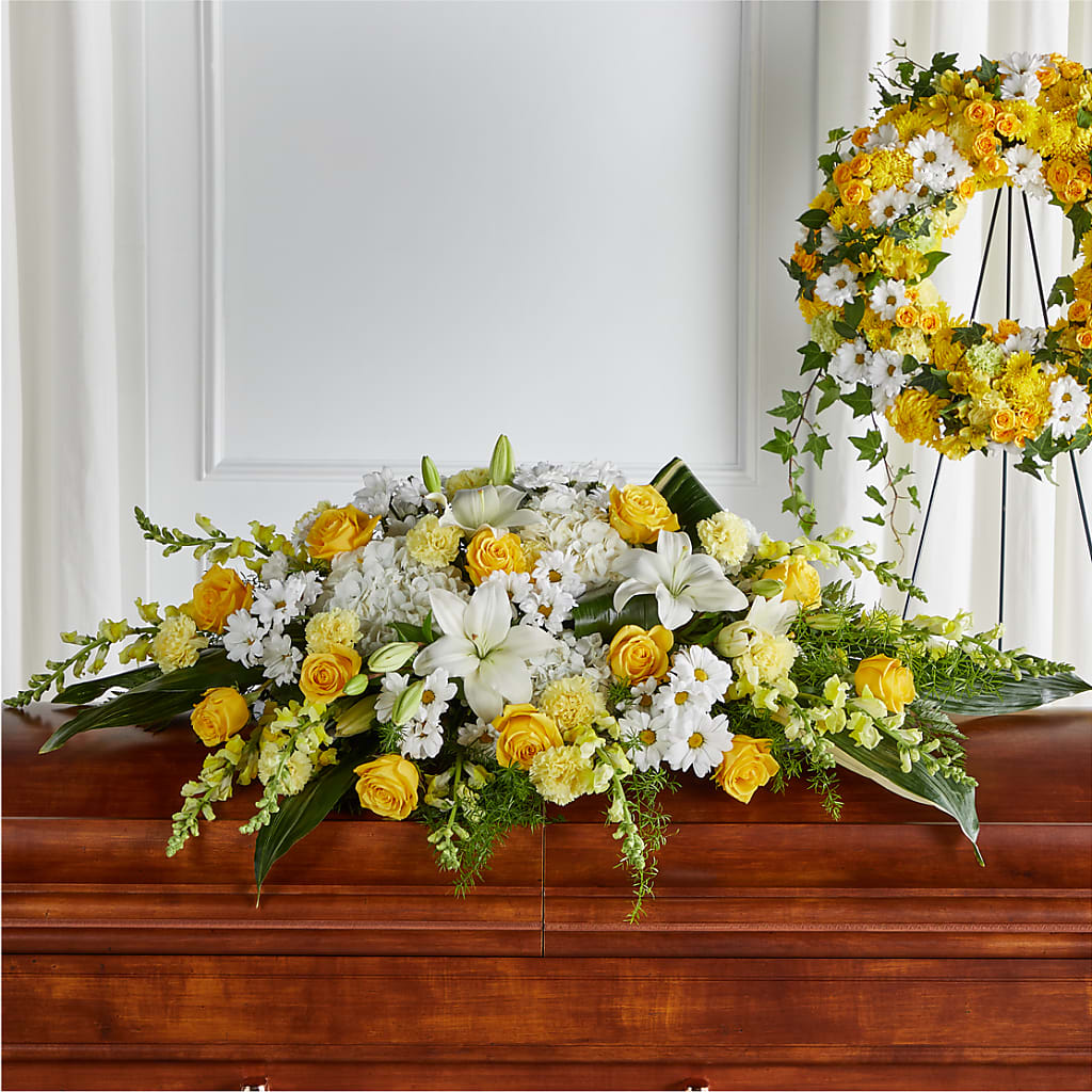 Golden Harmony Casket Spray – THE SHOPPE ON KEY AVENUE FLORAL & GIFTS, Lampasas TX