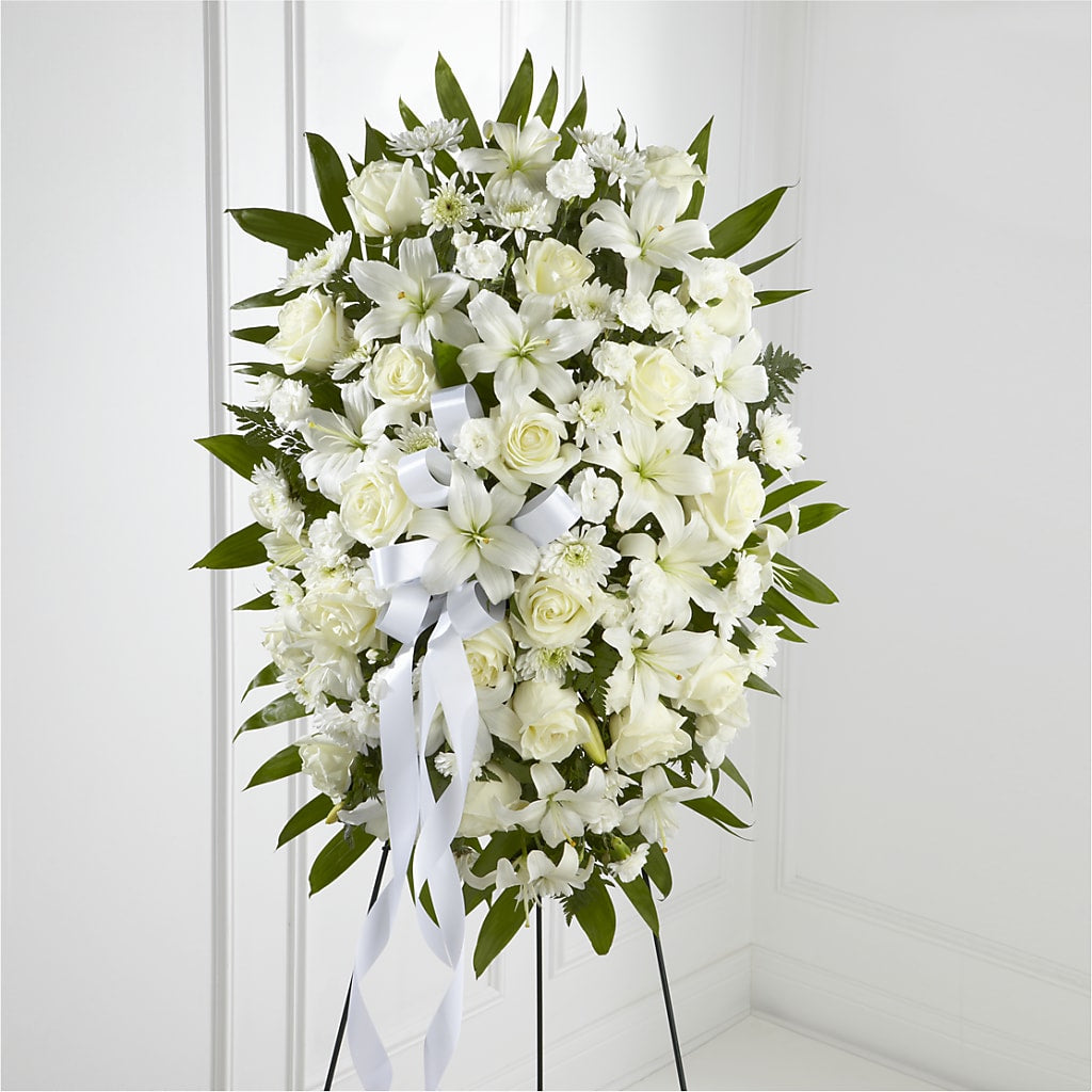 Exquisite Tribute Standing Spray-White Ribbon – THE SHOPPE ON KEY AVENUE FLORAL & GIFTS, Lampasas TX